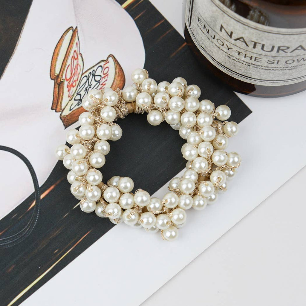 Beaded Hair Scrunchies, Faux Pearl Hair Tie: Big