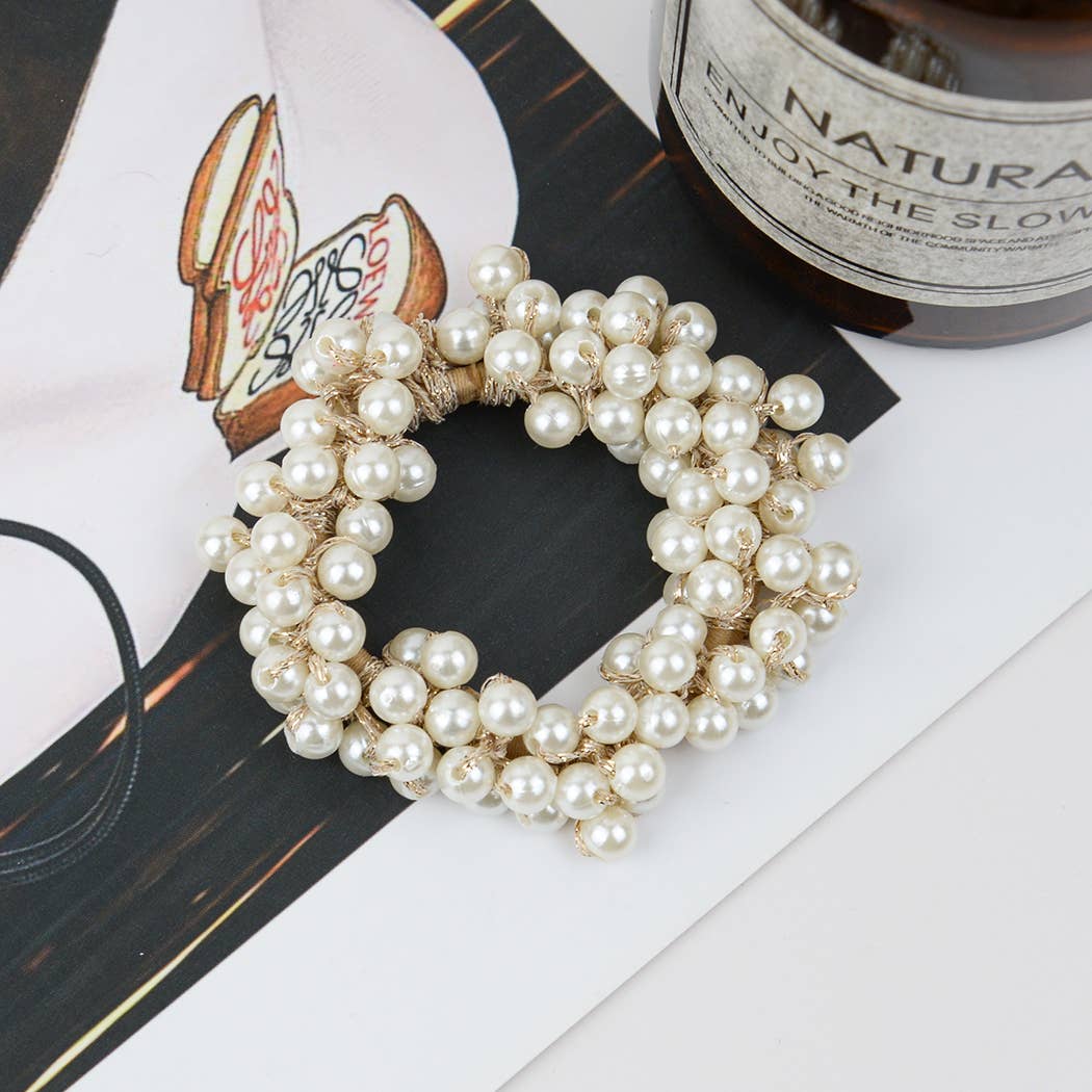 Beaded Hair Scrunchies, Faux Pearl Hair Tie: Big