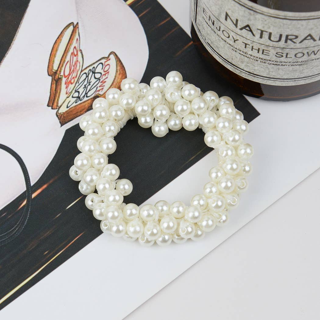 Beaded Hair Scrunchies, Faux Pearl Hair Tie: Big