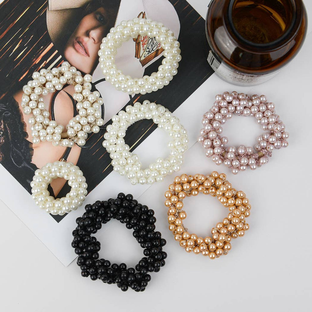 Beaded Hair Scrunchies, Faux Pearl Hair Tie: Big