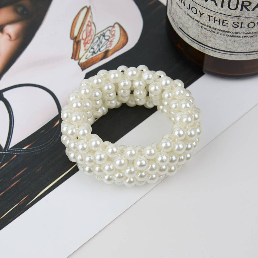 Beaded Hair Scrunchies, Faux Pearl Hair Tie: Big