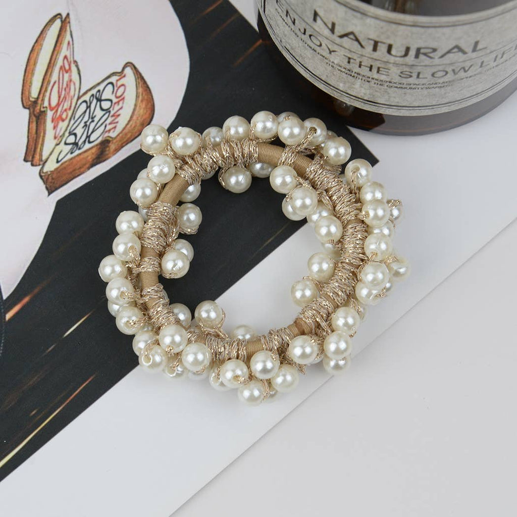 Beaded Hair Scrunchies, Faux Pearl Hair Tie: Big