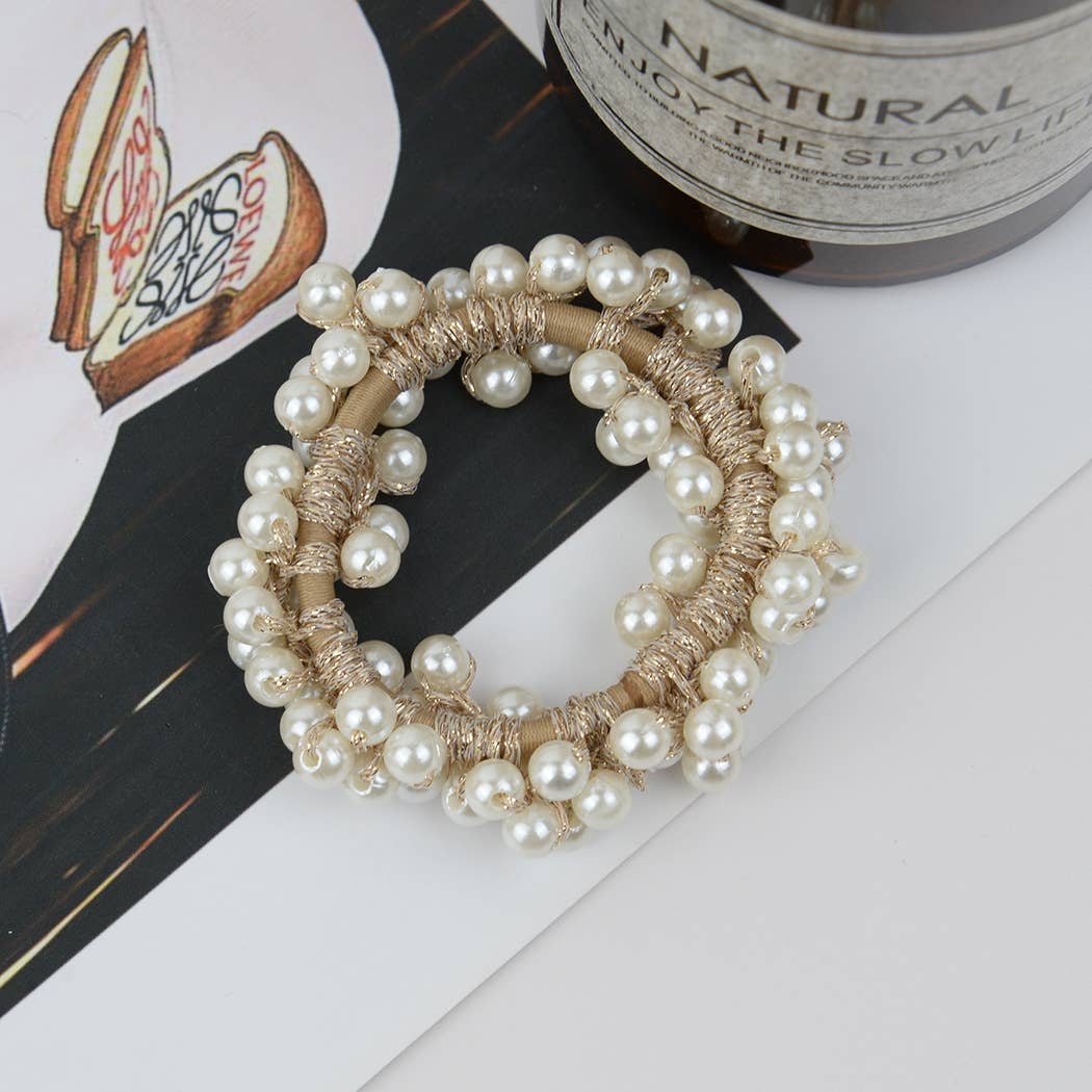 Beaded Hair Scrunchies, Faux Pearl Hair Tie: Big