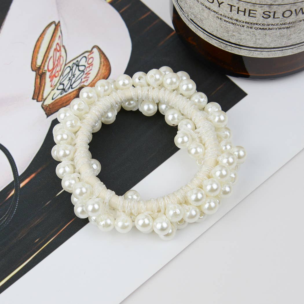 Beaded Hair Scrunchies, Faux Pearl Hair Tie: Big